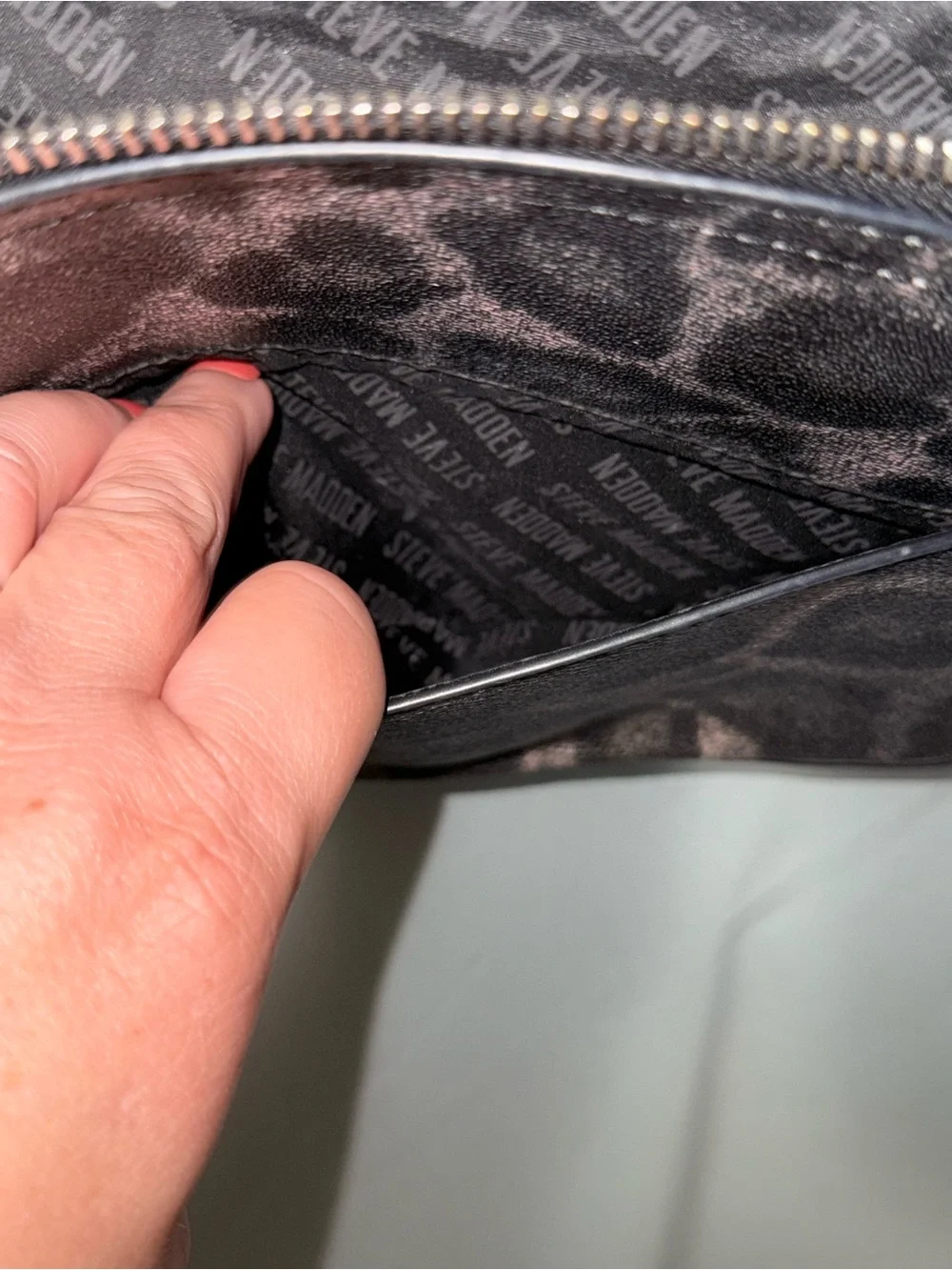 Steve Madden Metallic Leopard Print Dome Crossbody Bag Silver Chain Strap